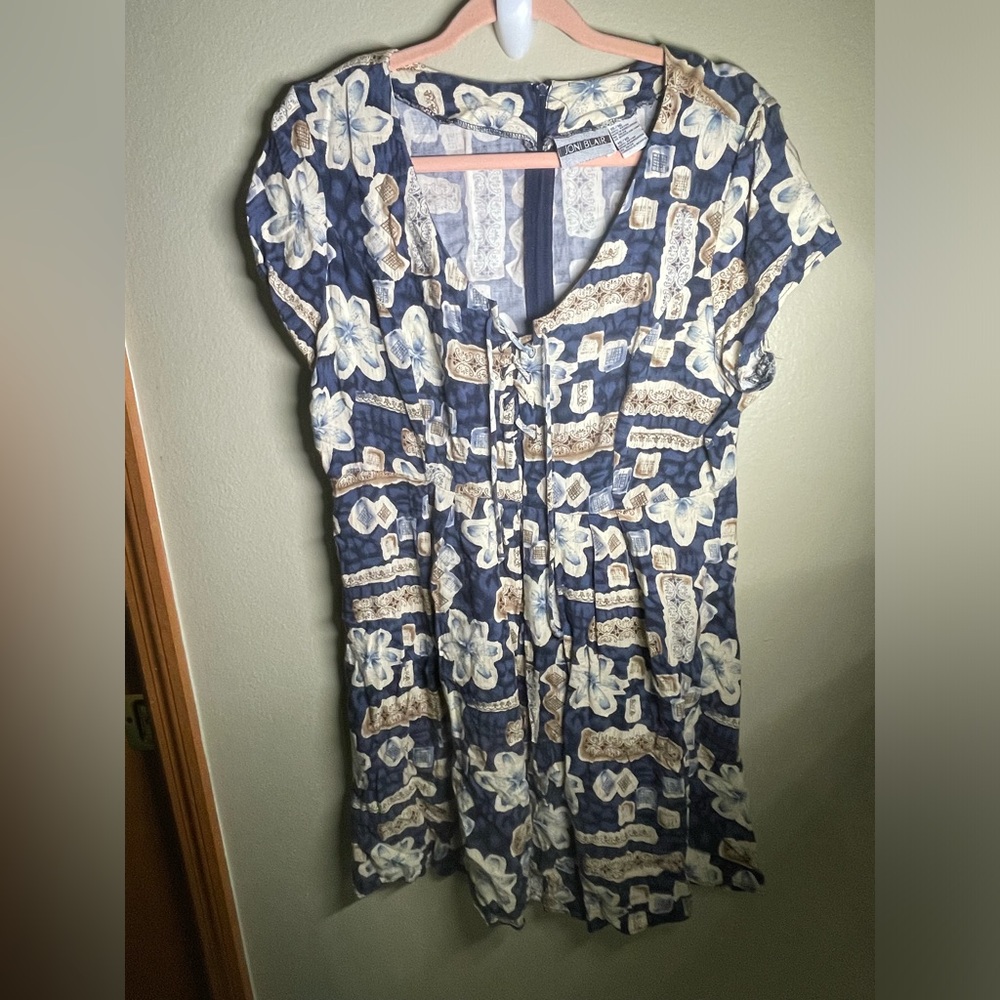 Joni Blair Vintage Blue Floral Short Sleeve Dress Size 15/16